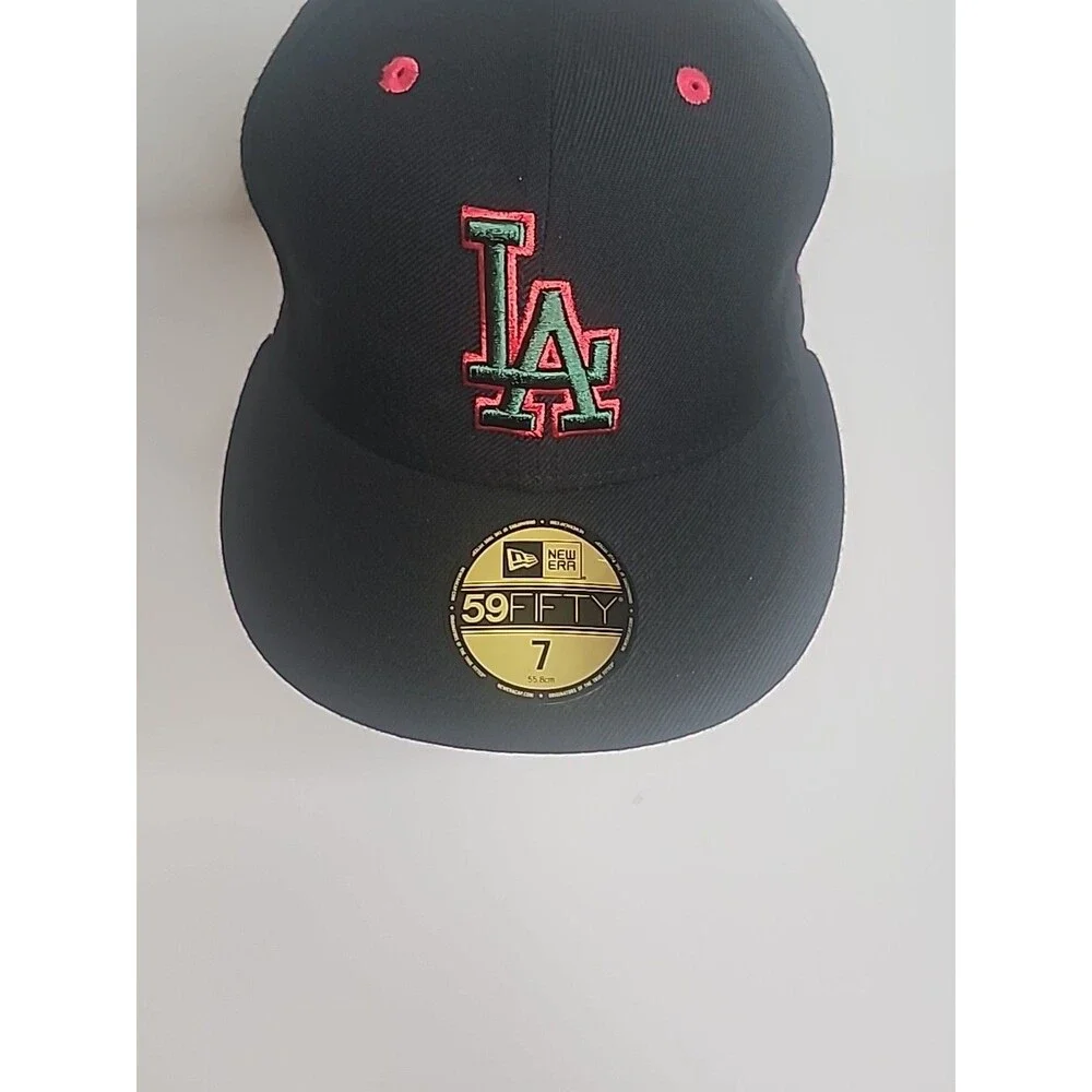Los Angeles Dodgers New Era 59Fifty Cap Hat Size 7 Black W/ Green & Red Logo MLB